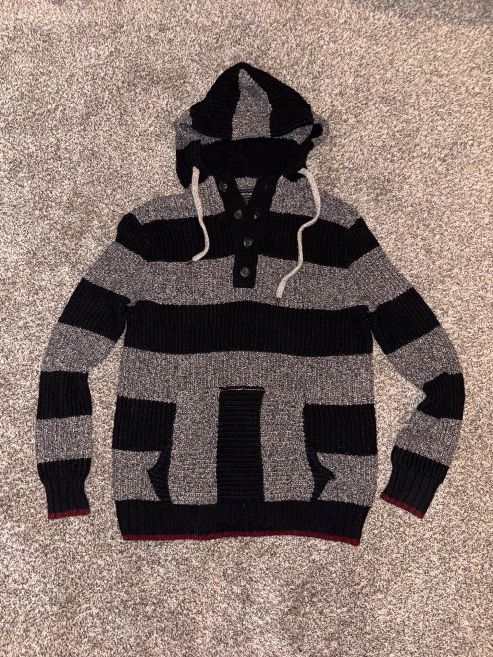Grunge Y2K American Eagle Hooded Sweater with grey and black stripes